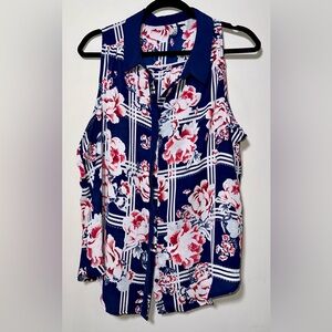 EUC‎ ELLE Floral Sleeveless Collared Sheer Blouse - XL